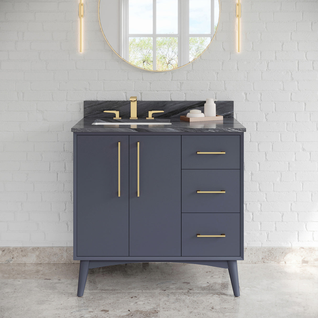 Jeffrey Alexander Dashwood Blue Steel Single Sink Bathroom Vanity with Grey Marble Top - 8 in. Widespread Faucet Top - VKITDAS36BSMGR