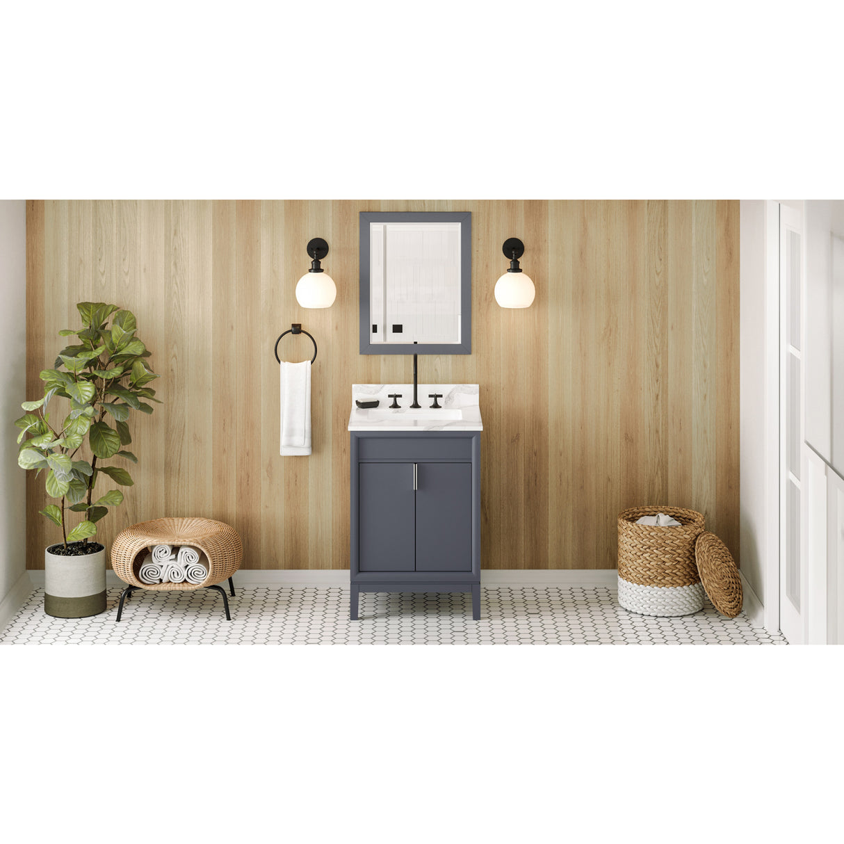 Jeffrey Alexander Theodora 24" Blue Steel Single Sink Bathroom Vanity with Calacatta Vienna Quartz Top - 8 in. Widespread Faucet Top