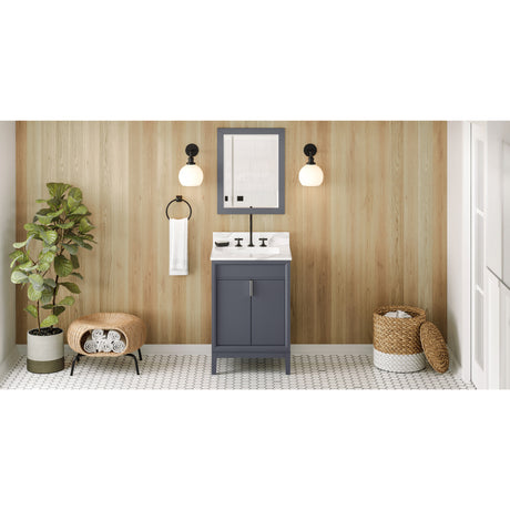 Jeffrey Alexander Theodora 24" Blue Steel Single Sink Bathroom Vanity with Calacatta Vienna Quartz Top - 8 in. Widespread Faucet Top