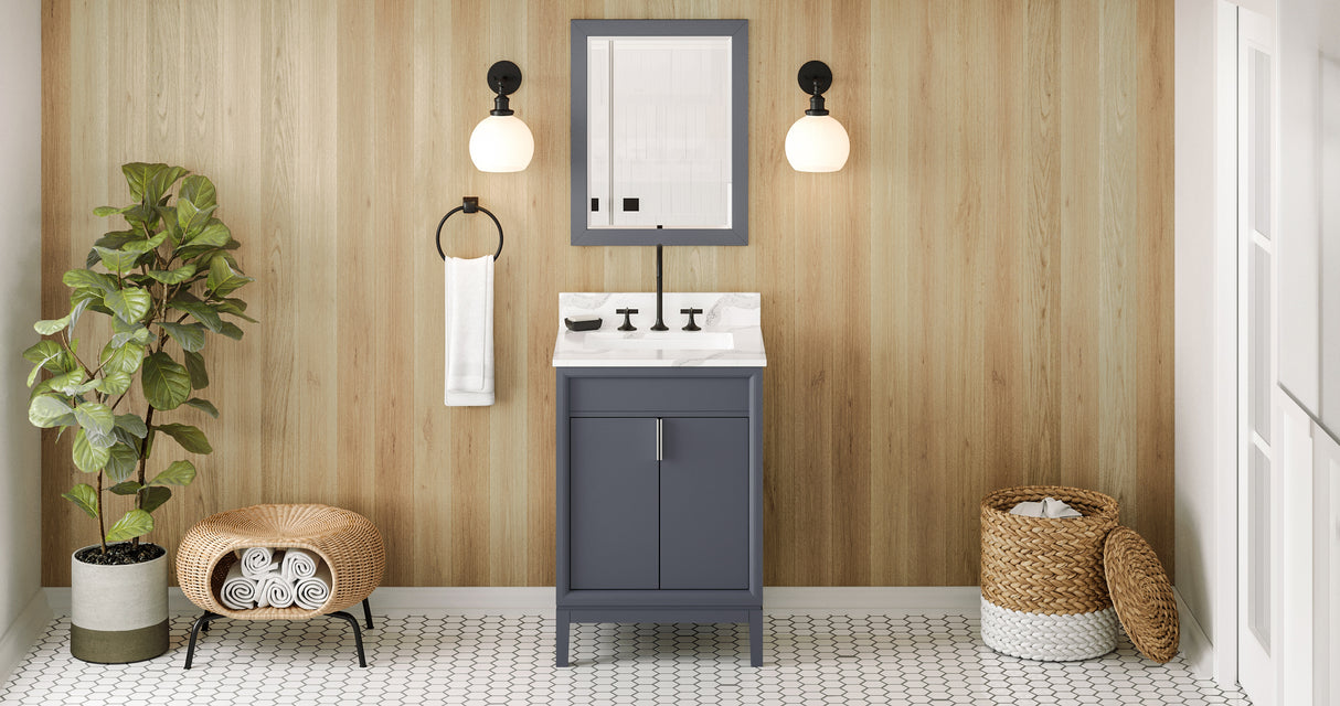 Jeffrey Alexander Theodora 24" Blue Steel Single Sink Bathroom Vanity with Calacatta Vienna Quartz Top - 8 in. Widespread Faucet Top product image 7