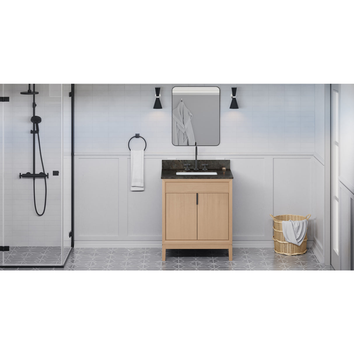 Jeffrey Alexander Theodora 30" Natural Oak Single Sink Bathroom Vanity with Blue Limestone Top - 8 in. Widespread Faucet Top
