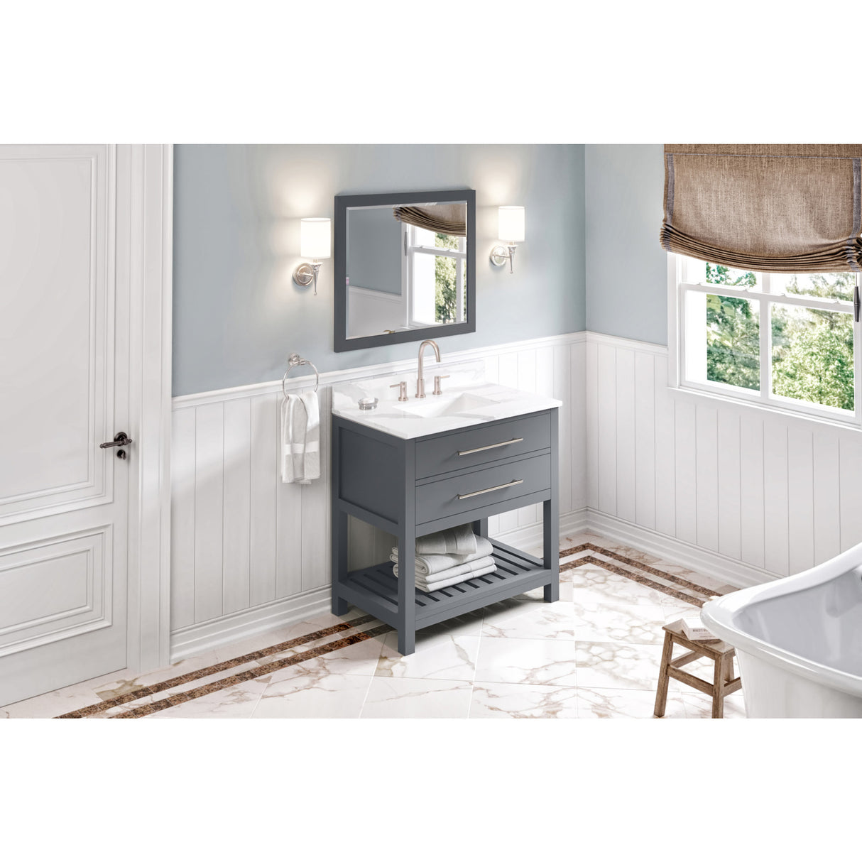 Jeffrey Alexander Wavecrest 36" Grey Single Sink Bathroom Vanity with Calacatta Vienna Quartz Top - 8 in. Widespread Faucet Top