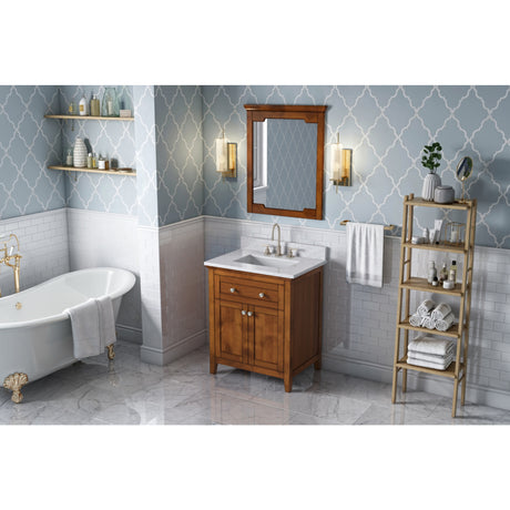 Jeffrey Alexander Chatham 30" Chocolate Single Sink Bathroom Vanity with White Carrara Marble Top - 8 in. Widespread Faucet Top