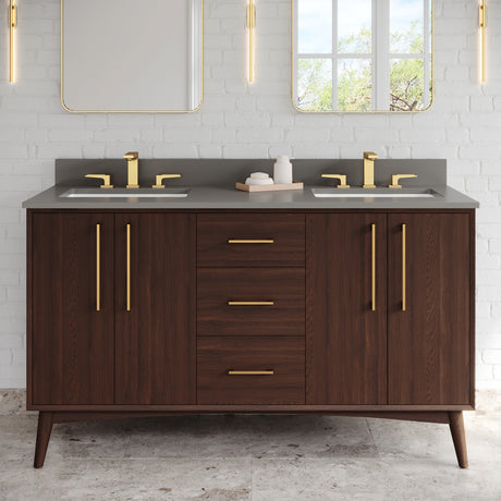 Jeffrey Alexander Dashwood 60" Dark Walnut Double Sink Bathroom Vanity with Grey Quartz Top - 8 in. Widespread Faucet Top