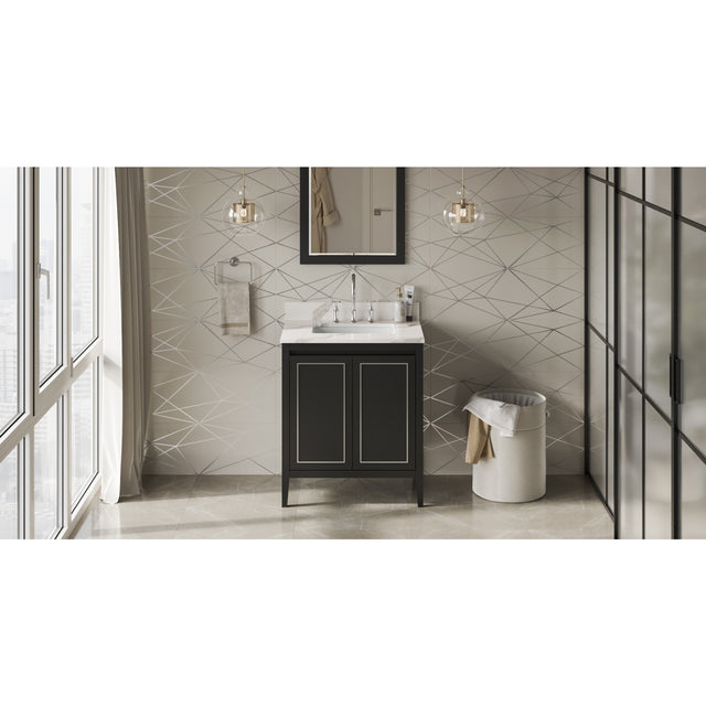 Jeffrey Alexander Percival 30" Black Single Sink Bathroom Vanity with Calacatta Vienna Quartz Top - 8 in. Widespread Faucet Top