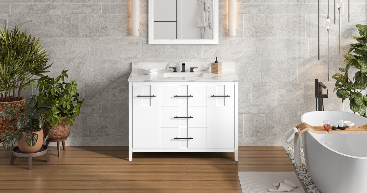 Jeffrey Alexander Katara 48" White Single Sink Bathroom Vanity with Calacatta Vienna Quartz Top - 8 in. Widespread Faucet Top product image 7