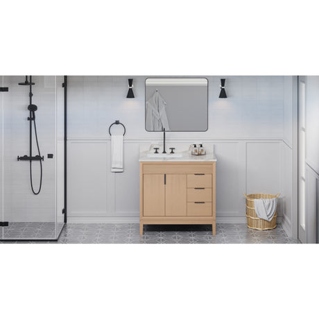 Jeffrey Alexander Theodora 36" Natural Oak Single Sink Bathroom Vanity with Calacatta Vienna Quartz Top - 8 in. Widespread Faucet Top