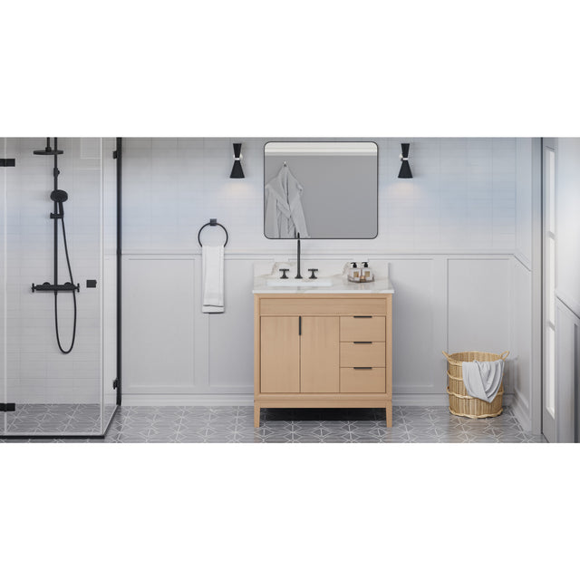 Jeffrey Alexander Theodora 36" Natural Oak Single Sink Bathroom Vanity with Calacatta Vienna Quartz Top - 8 in. Widespread Faucet Top