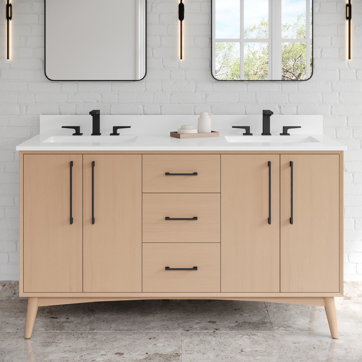 Jeffrey Alexander Dashwood 60" Natural Oak Double Sink Bathroom Vanity with White Quartz Top - 8 in. Widespread Faucet Top