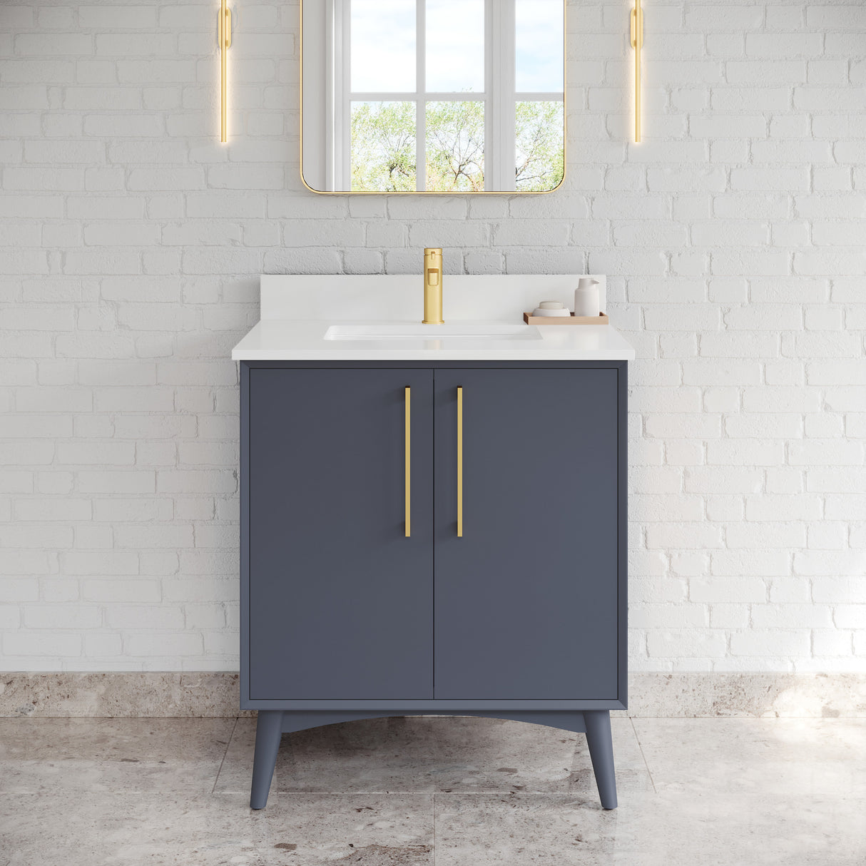Jeffrey Alexander Dashwood Blue Steel Single Sink Bathroom Vanity with White Quartz Top - Single-Hole Faucet Top - VKITDAS30BSWQR1