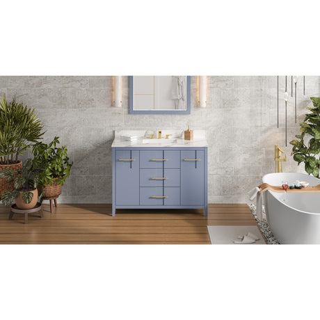 Jeffrey Alexander Katara 48" Blue Steel Single Sink Bathroom Vanity with Calacatta Vienna Quartz Top - 8 in. Widespread Faucet Top