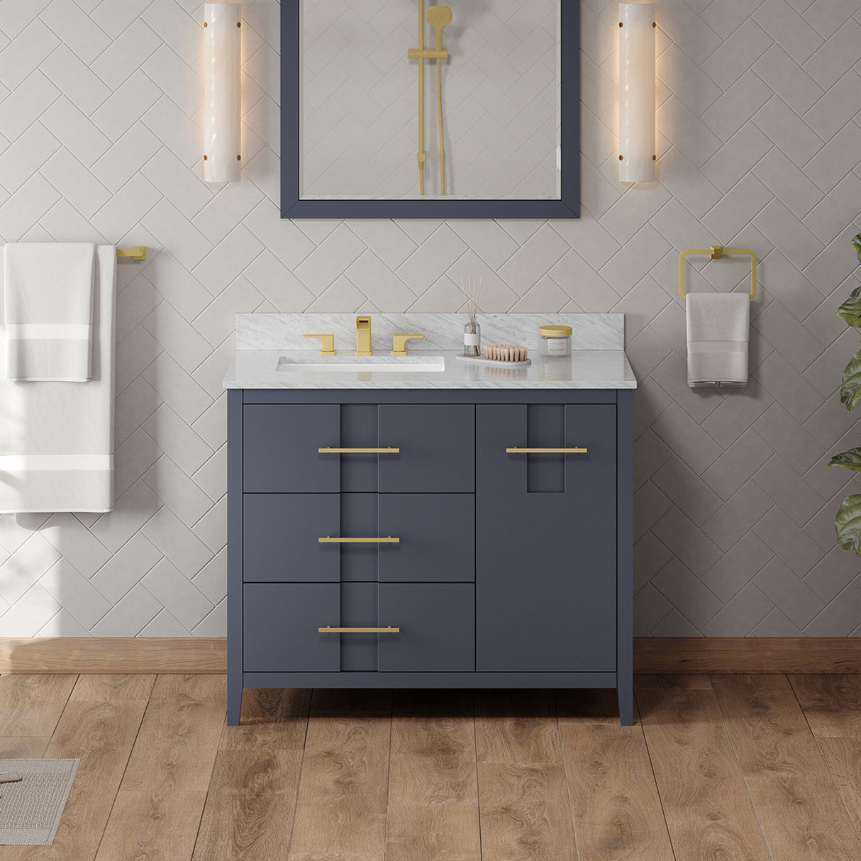 Jeffrey Alexander Katara 42" Blue Steel Single Sink Bathroom Vanity with White Carrara Marble Top - 8 in. Widespread Faucet Top product image 2