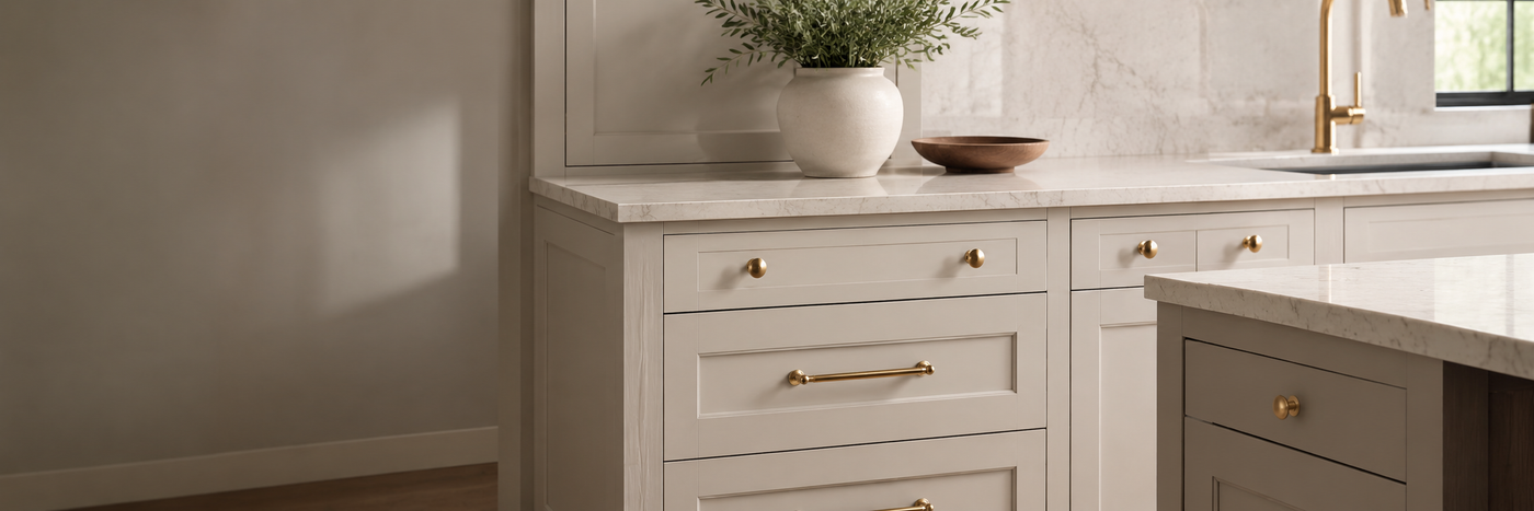Assorted cabinet knobs and pulls on a countertop in a modern kitchen