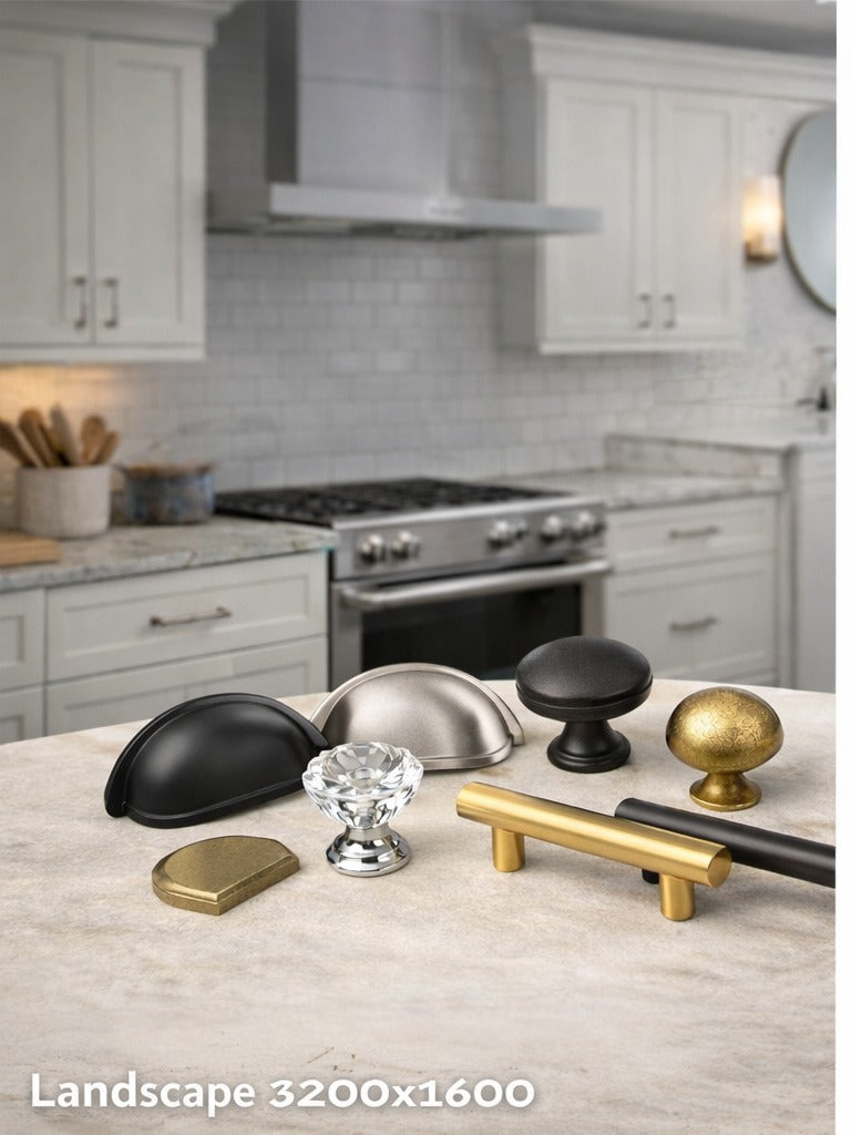 Assorted cabinet knobs and pulls on a countertop in a modern kitchen