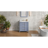 Jeffrey Alexander Katara 30" Blue Steel Single Sink Bathroom Vanity with White Carrara Marble Top - 8 in. Widespread Faucet Top