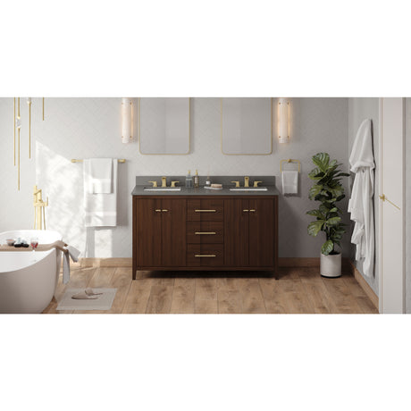 Jeffrey Alexander Katara 60" Dark Walnut Double Sink Bathroom Vanity with Grey Quartz Top - 8 in. Widespread Faucet Top