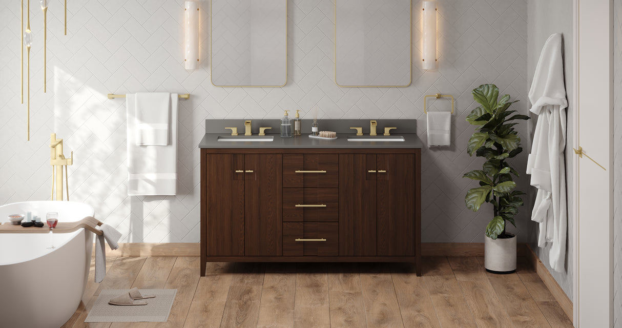 Jeffrey Alexander Katara 60" Dark Walnut Double Sink Bathroom Vanity with Grey Quartz Top - 8 in. Widespread Faucet Top product image 6
