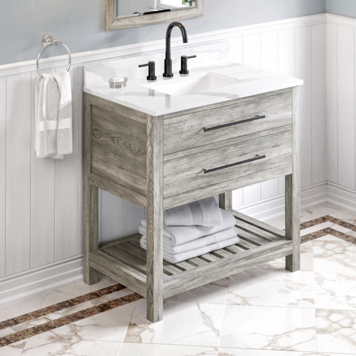 Jeffrey Alexander Wavecrest 36" Weathered Grey Single Sink Bathroom Vanity with Calacatta Vienna Quartz Top - 8 in. Widespread Faucet Top product image 2