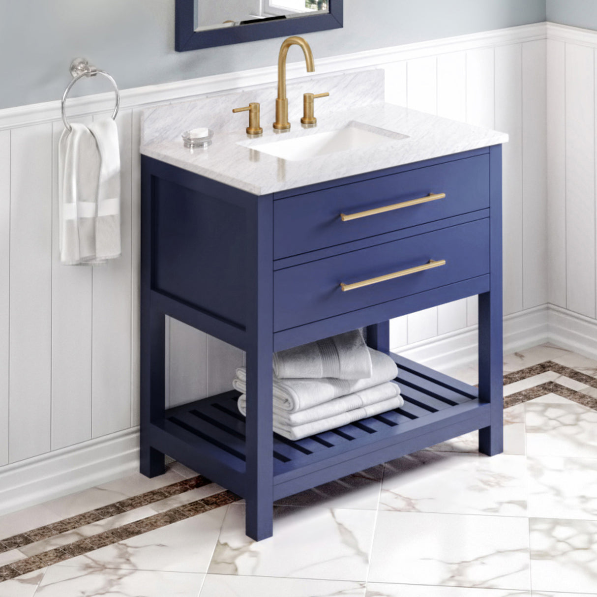 Jeffrey Alexander Wavecrest 36" Hale Blue Single Sink Bathroom Vanity with White Carrara Marble Top - 8 in. Widespread Faucet Top product image 2