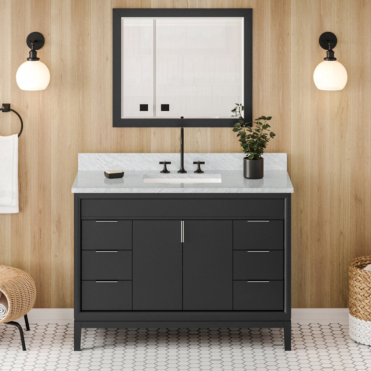 Jeffrey Alexander Theodora 48" Black Single Sink Bathroom Vanity with White Carrara Marble Top - 8 in. Widespread Faucet Top product image 2