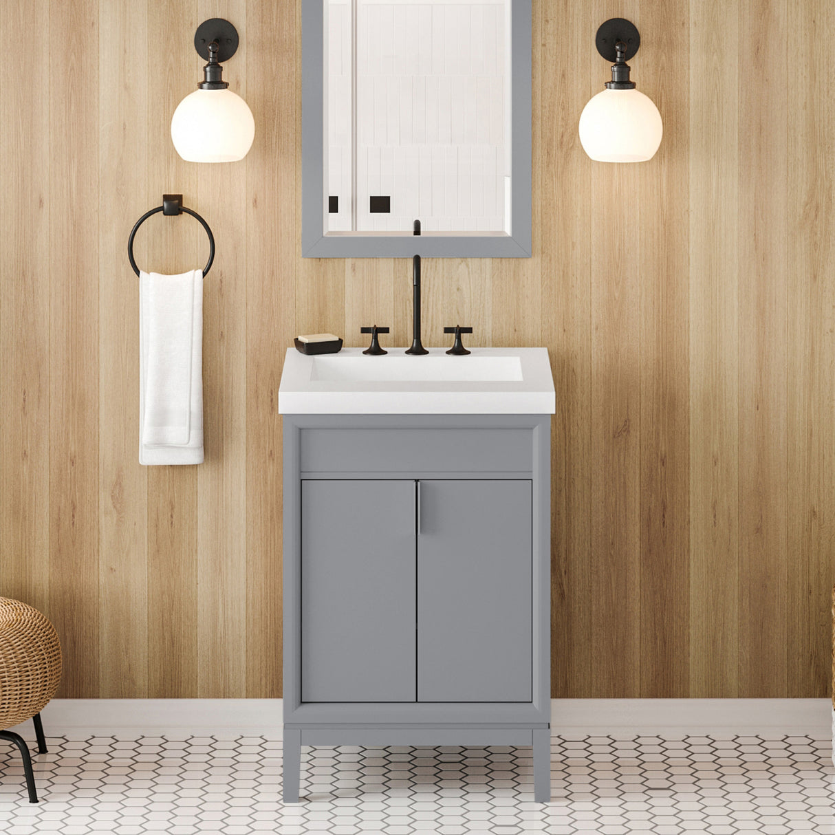Jeffrey Alexander Theodora 25" Grey Single Sink Bathroom Vanity with White Resin Top - 8 in. Widespread Faucet Top