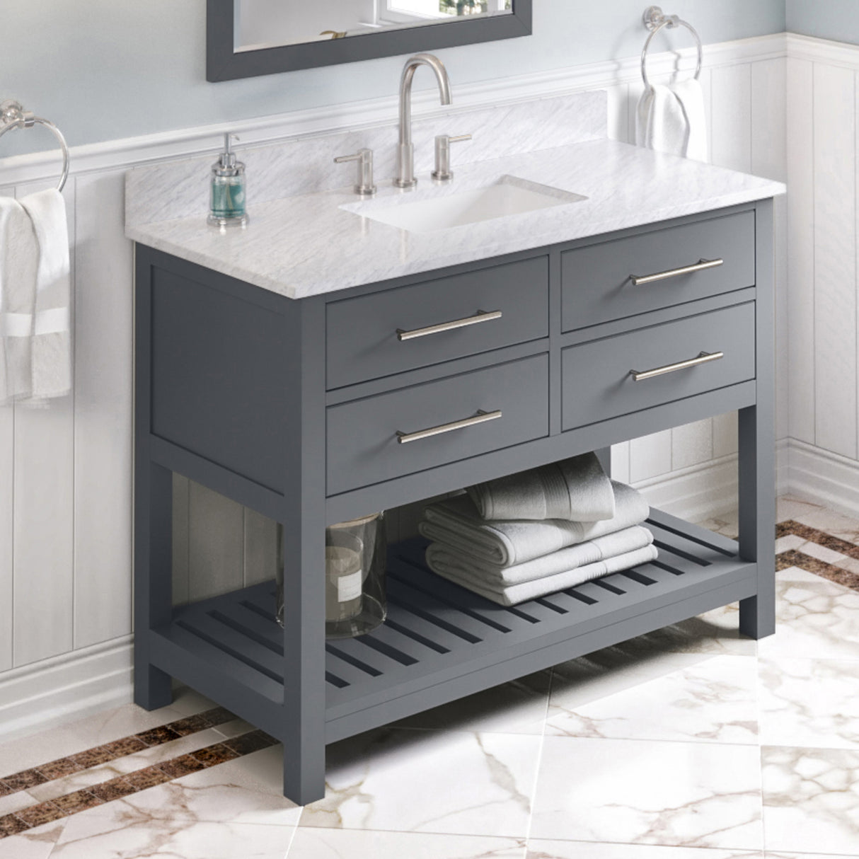Jeffrey Alexander Wavecrest 48" Grey Single Sink Bathroom Vanity with White Carrara Marble Top - 8 in. Widespread Faucet Top product image 2