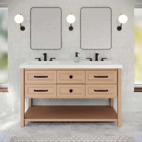 Jeffrey Alexander Kipling 60" Natural Oak Double Sink Bathroom Vanity with White Resin Top - 8 in. Widespread Faucet Top