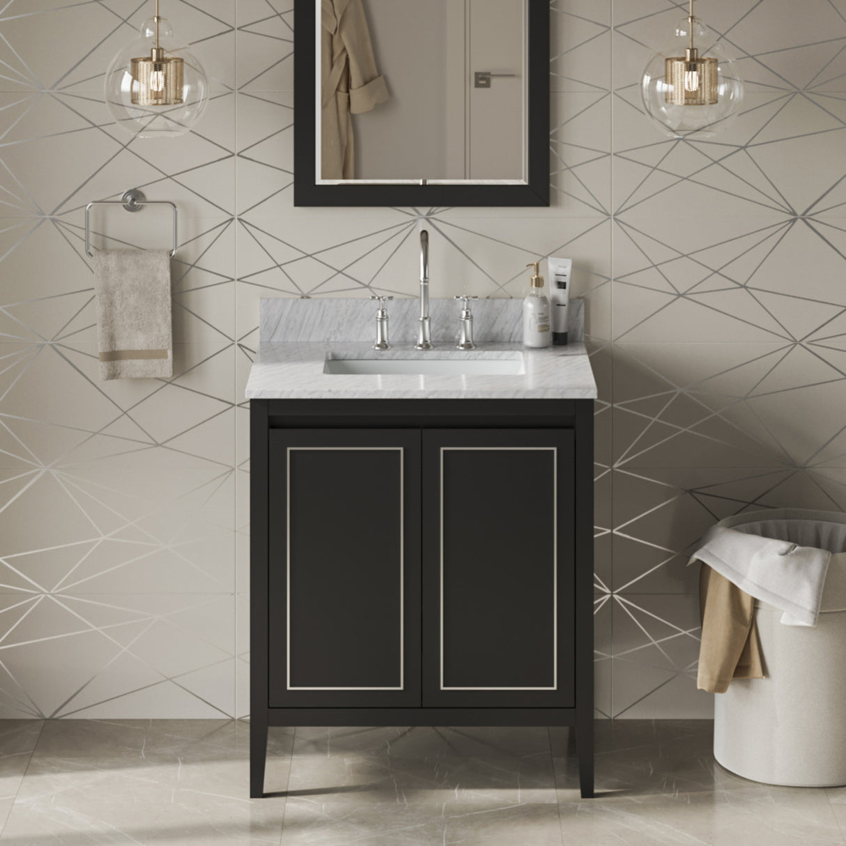 Jeffrey Alexander Percival 30" Black Single Sink Bathroom Vanity with White Carrara Marble Top - 8 in. Widespread Faucet Top product image 2