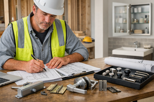Project manager reviewing a door schedule with commercial door hardware and cabinet hardware selections