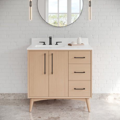 Jeffrey Alexander Dashwood Natural Oak Single Sink Bathroom Vanity with White Quartz Top - 8 in. Widespread Faucet Top - VKITDAS36NOWQR