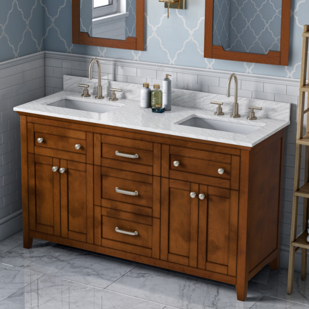 Jeffrey Alexander Chatham 60" Chocolate Double Sink Bathroom Vanity with White Carrara Marble Top - 8 in. Widespread Faucet Top - VKITCHA60CHWCR product image 2