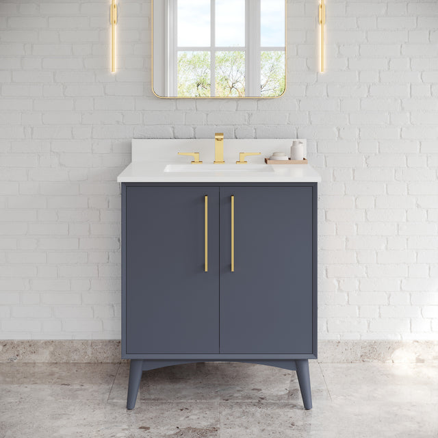 Jeffrey Alexander Dashwood Blue Steel Single Sink Bathroom Vanity with White Quartz Top - Single-Hole Faucet Top - VKITDAS30BSWQR