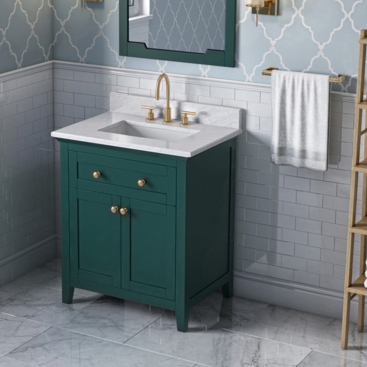 Jeffrey Alexander Chatham 30" Green Single Sink Bathroom Vanity with White Carrara Marble Top - 8 in. Widespread Faucet Top product image 2