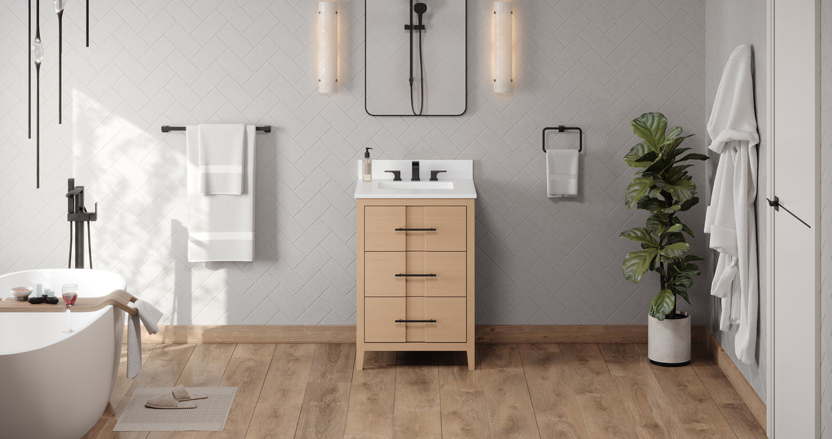 Jeffrey Alexander Katara 24" Natural Oak Single Sink Bathroom Vanity with White Quartz Top - 8 in. Widespread Faucet Top - VKITKAT24NOWQR product image 6