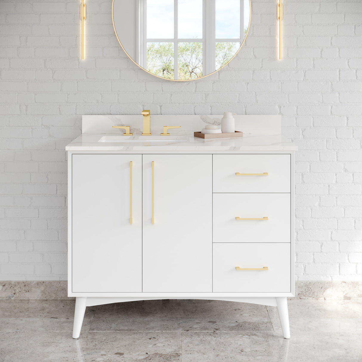 Jeffrey Alexander Dashwood White Single Sink Bathroom Vanity with Calacatta Vienna Quartz Top - 8 in. Widespread Faucet Top - VKITDAS42WHCQR