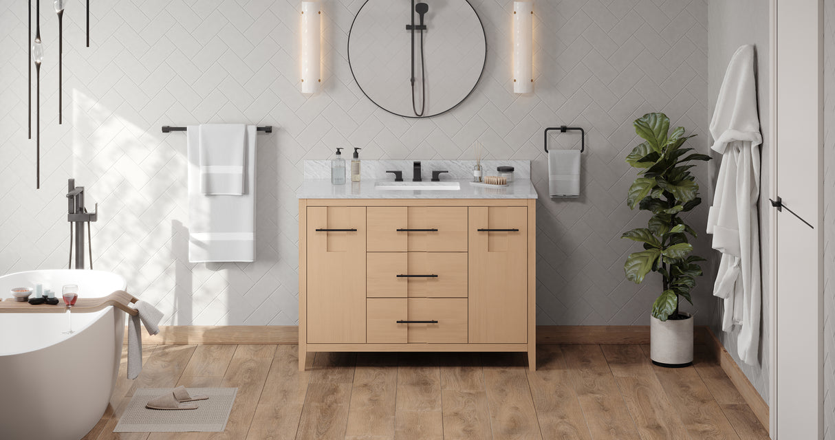 Jeffrey Alexander Katara 48" Natural Oak Single Sink Bathroom Vanity with White Carrara Marble Top - 8 in. Widespread Faucet Top product image 6