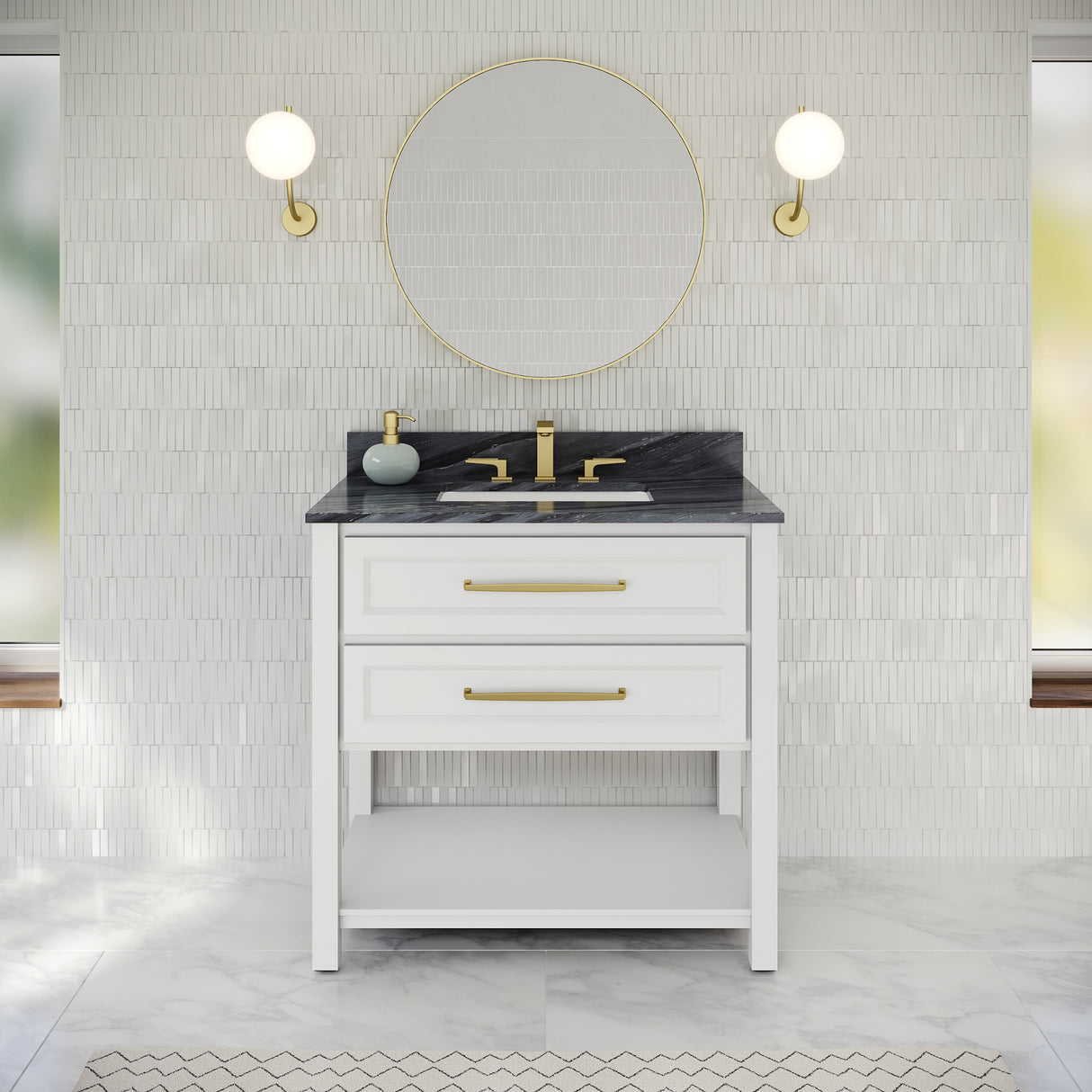 Jeffrey Alexander Kipling 37" White Single Sink Bathroom Vanity with Grey Marble Top - Single-Hole Faucet Top