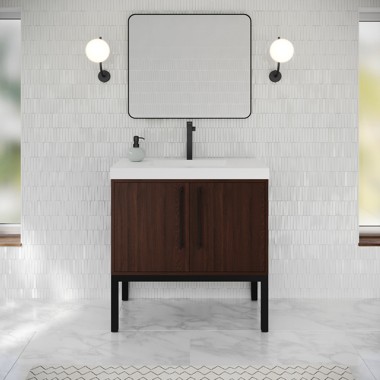 Jeffrey Alexander Tempest 36" Dark Walnut Single Sink Bathroom Vanity with White Resin Top - Single-Hole Faucet Top - VKTEM36DWSQRE product image 2