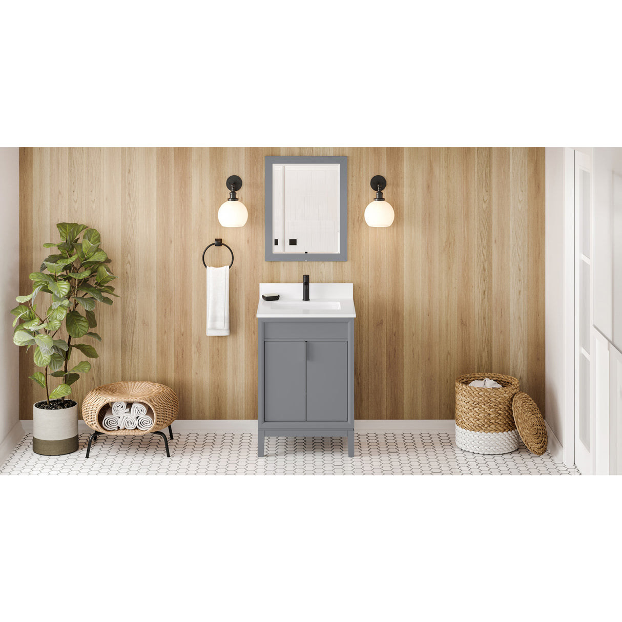 Jeffrey Alexander Theodora 24" Grey Single Sink Bathroom Vanity with White Quartz Top - 8 in. Widespread Faucet Top - VKITTHE24GRWQR1