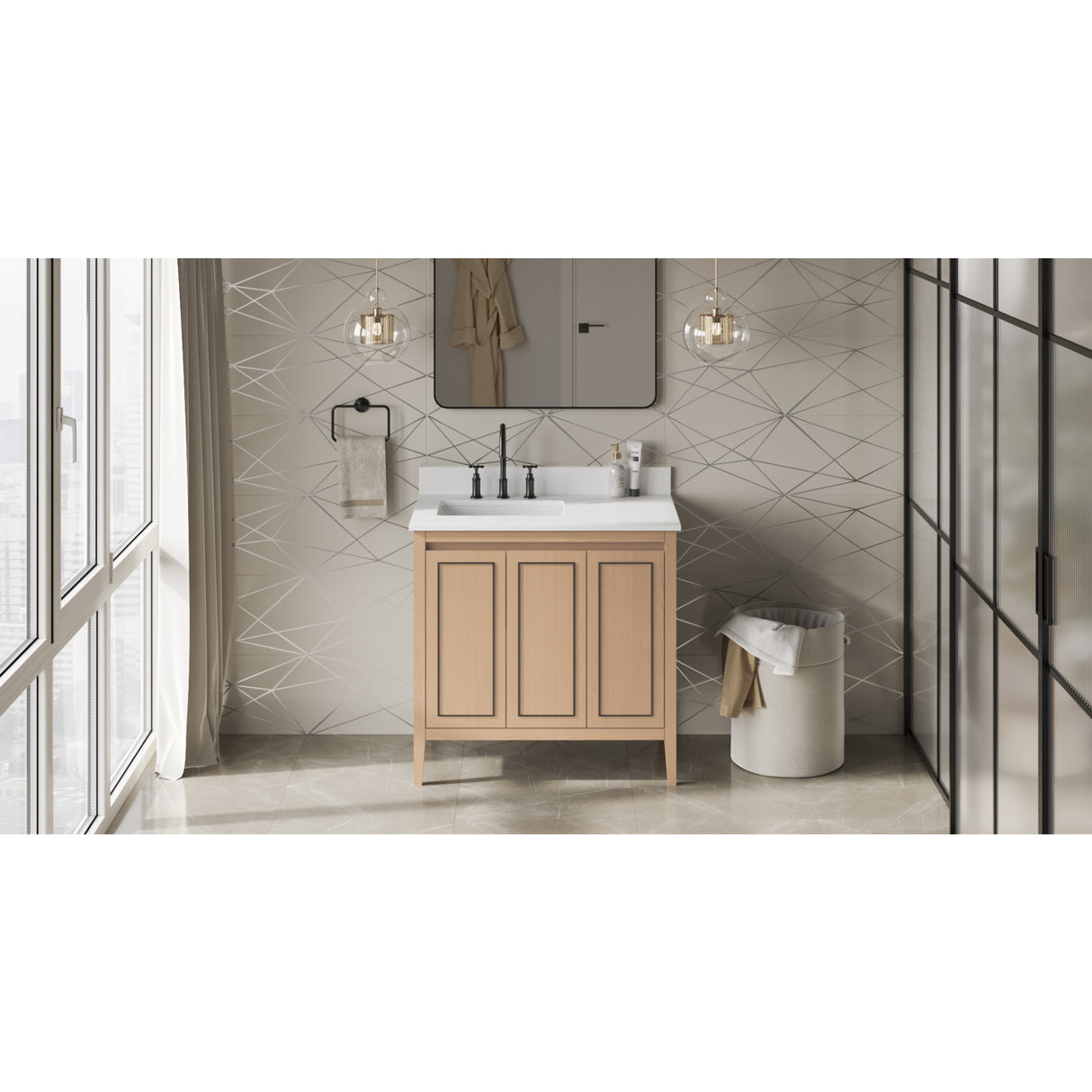 Jeffrey Alexander Percival 36" Natural Oak Single Sink Bathroom Vanity with White Quartz Top - 8 in. Widespread Faucet Top