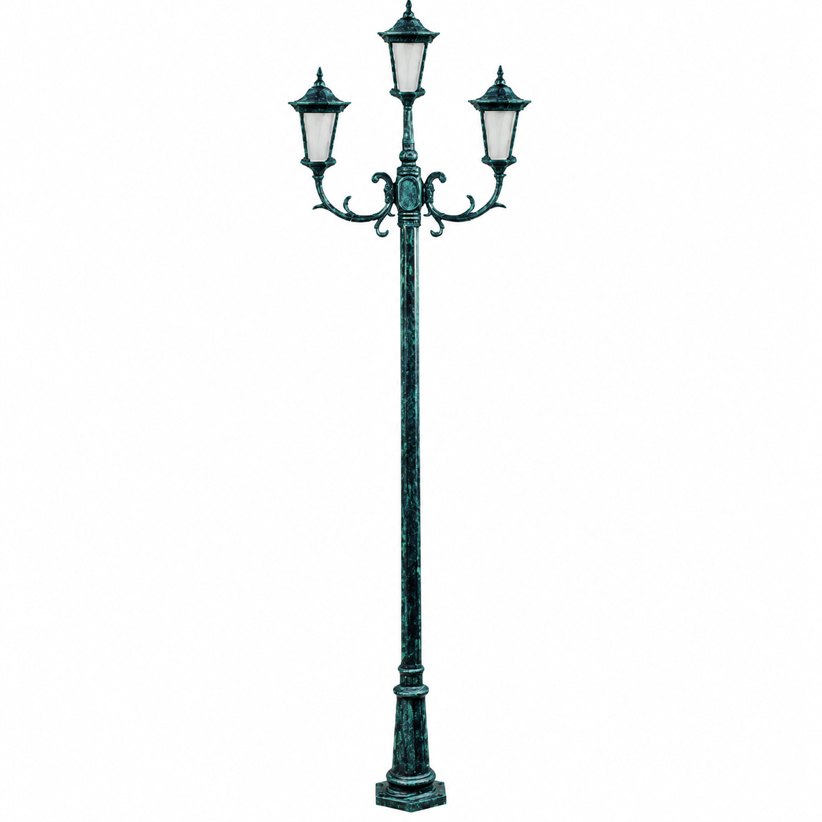 Dabmar Lighting GM1123-L18-60K-VG Cast Alum 3 Post Top Fixture Pole + Base 120V E26 3X LED 6W 60K Verde Green