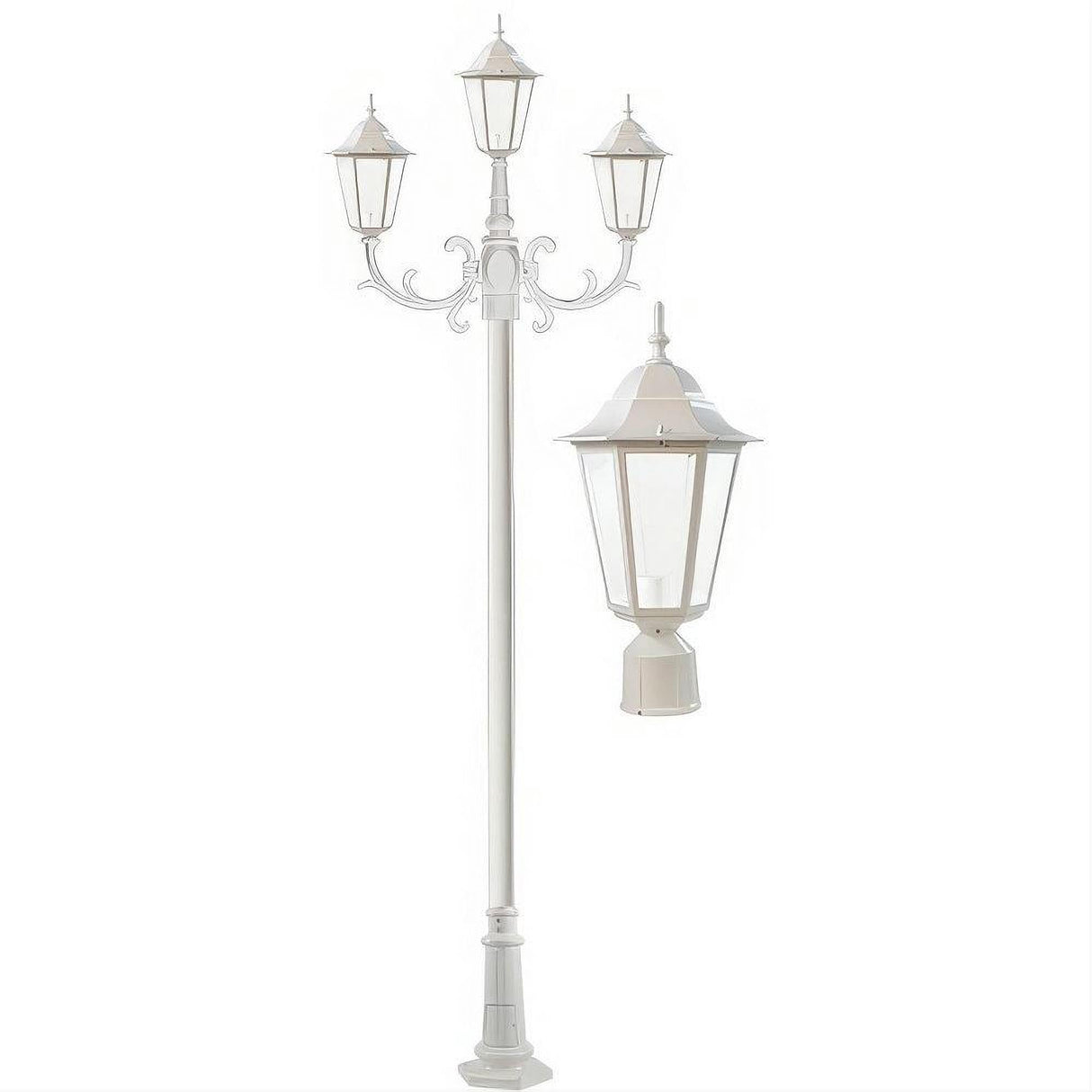 Dabmar Lighting GM1323S-L54-65K-W-FR-FR Cast Alum 3 Post Top Fixture Pole + Base 120V E26 3X LED 18W 65K Frost White