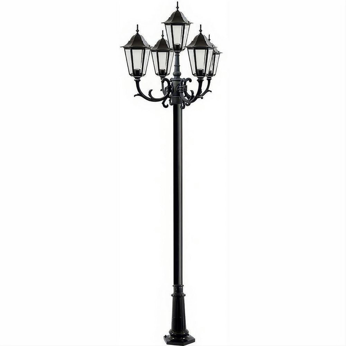 Dabmar Lighting GM1325S-L90-65K-B-FR-FR Cast Alum 5 Post Top Fixture Pole + Base 120V E26 5X LED 18W 65K Frost Black
