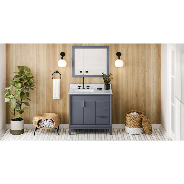 Jeffrey Alexander Theodora 36" Blue Steel Single Sink Bathroom Vanity with White Carrara Marble Top - 8 in. Widespread Faucet Top