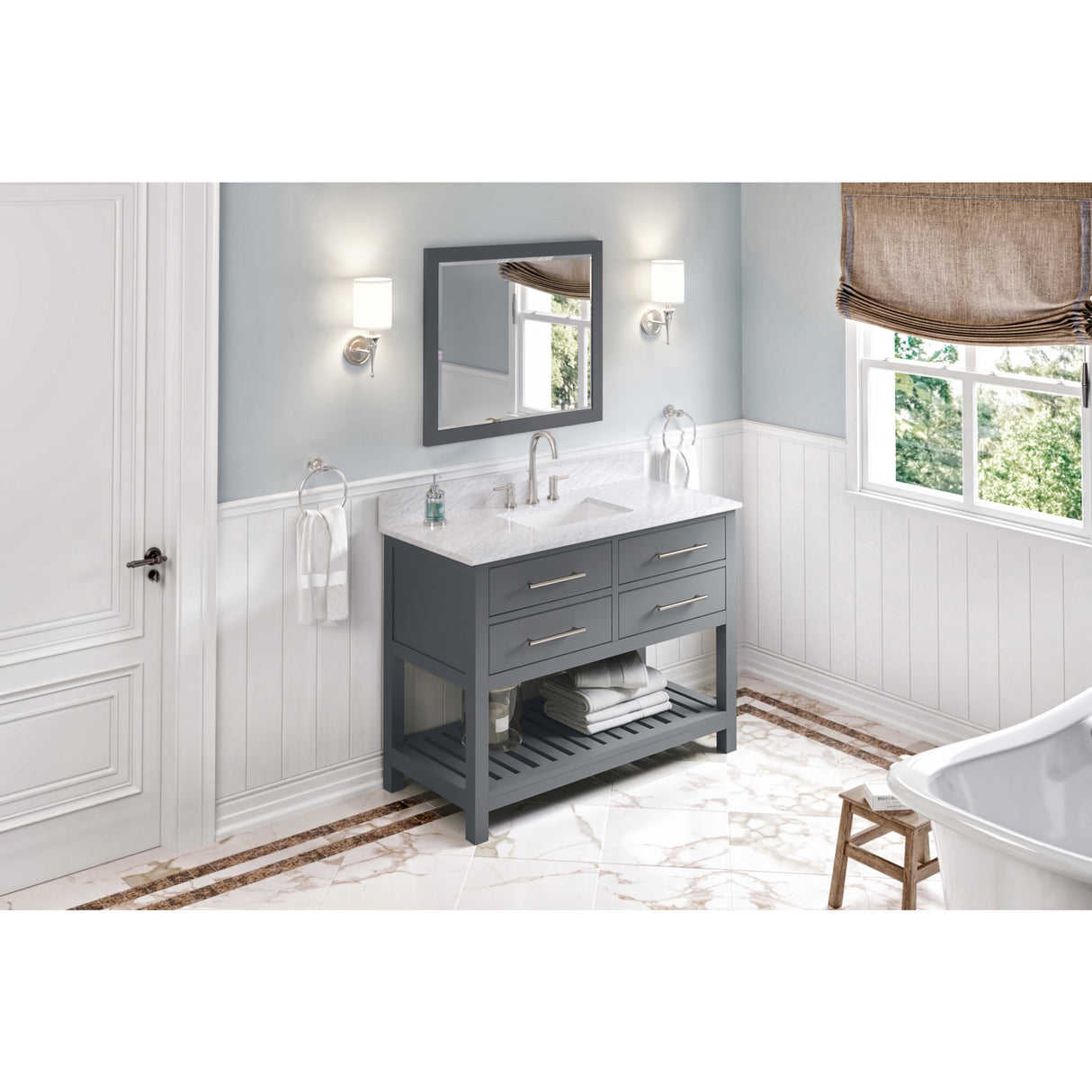Jeffrey Alexander Wavecrest 48" Grey Single Sink Bathroom Vanity with White Carrara Marble Top - 8 in. Widespread Faucet Top