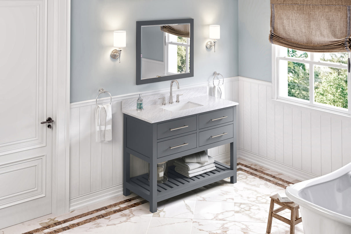 Jeffrey Alexander Wavecrest 48" Grey Single Sink Bathroom Vanity with White Carrara Marble Top - 8 in. Widespread Faucet Top product image 7
