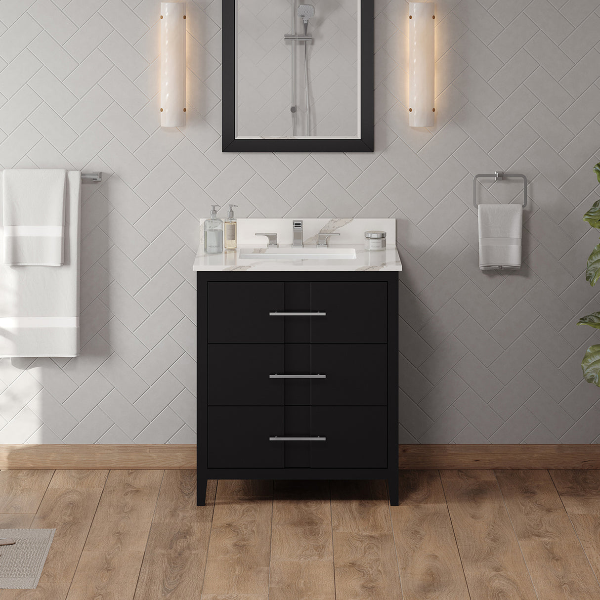 Jeffrey Alexander Katara 30" Black Single Sink Bathroom Vanity with Calacatta Vienna Quartz Top - 8 in. Widespread Faucet Top product image 2
