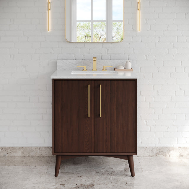 Jeffrey Alexander Dashwood Dark Walnut Single Sink Bathroom Vanity with White Carrara Marble Top - Single-Hole Faucet Top - VKITDAS30DWWCR
