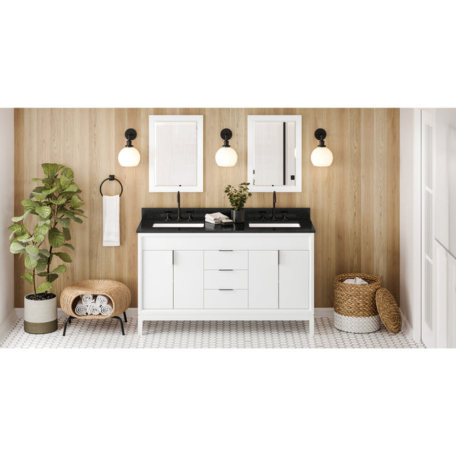 Jeffrey Alexander Theodora 60" White Double Sink Bathroom Vanity with Black Granite Top - 8 in. Widespread Faucet Top