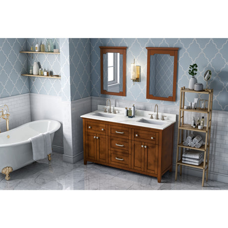 Jeffrey Alexander Chatham 60" Chocolate Double Sink Bathroom Vanity with Calacatta Vienna Quartz Top - 8 in. Widespread Faucet Top - VKITCHA60CHCQR